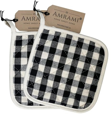 AMRAMI Topflappen Baumwolle, hitzebeständige Topfuntersetzer zum Kochen und Backen, waschbar, kariert (Doppelpack (2), Kleinkariert Schwarz/Weiß)