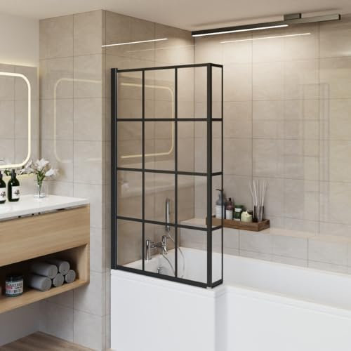 Aquariss 810x1400mm Pivot Double Panel Over Bath Shower Screen Door 6mm Easy Clean Glass Shelves Door Panel Black Grid