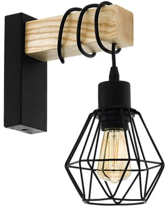 Eglo Lampada da parete Townshend 5, plafoniera vintage a uno punto luce, lampada da parete dal design industriale, lampada retrò in acciaio e legno, nero, marrone, E27, certificazione FSC