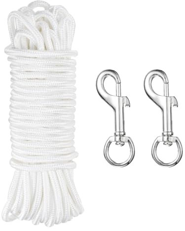 sourcing map 50Ft Flag Pole Rope 15/64 Diameter Nylon Flag Pole Halyards Rope with 2 Pcs Swivel Clips Hooks for Flagpoles, Clothesline, Swing, Camping, White