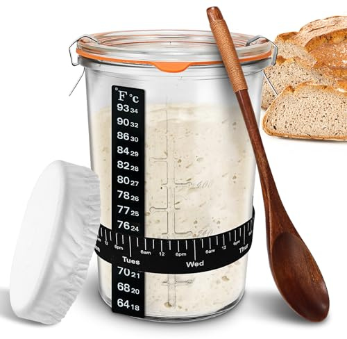 TOKPELA Sourdough Starter Jar Glass, 27oz Sourdough Starter Kit | Wide Mouth Sourdough Starter Jars with Wooden Spoon,Cloth Cover,Glass Lids,Sourdough Jar 27oz for Sourdough Bread Baking
