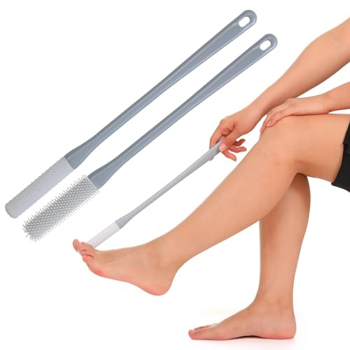 2 Stück Silikon Fußwaschbürste, Zehenwascher für die Dusche, Fußbürste mit Bürstenköpfe in Zwei Größen, Zehenreiniger mit Langem Stiel, Fußdusche bürste fur Senioren (Grau