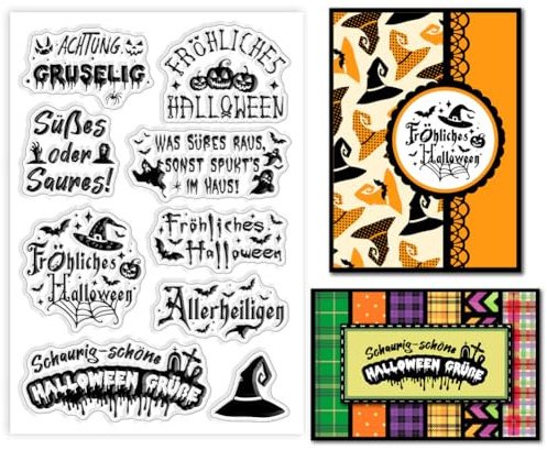 GLOBLELAND Halloween Stempel Mit Deutschen Wörtern Transparente Silikonstempel Für Die DIY Kartenherstellung Kürbis Silikon Transparentstempel Siegel Fledermaus Geist Grabstein Klare Stempel