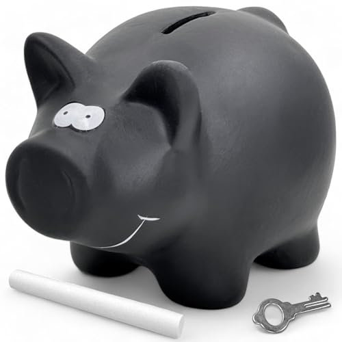 MIJOMA Keramik Sparschwein mit Tafel-Oberfläche, inkl. Kreide & Schloss mit Schlüssel, ca. 16 x 12 cm, Schwarz