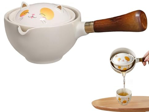 Théière en céramique, théière à 360 degrés à 360 degrés Cat Cat céramique Chinois Téapot avec passoire détachable et fabricant de thé à manche en bois pour outil de fabrication de thé en vrac, théièr