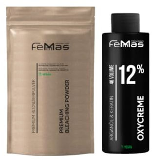FemMas Kit blanchiment : poudre décolorante 100 g et oxycrème 100 ml | Kit parfait pour cheveux blonds | Jusqu'à 9 tons plus clairs