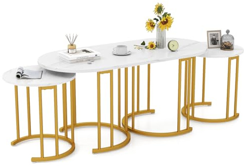 COSTWAY Nesting Coffee Tables Set of 3, Oval and Round (Marble White+Gold)