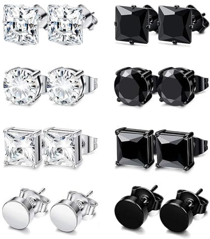 8 Paar Ohrringe Herren, Edelstahl Jungern Ohrstecker Hypoallergen Schwarz Silber Ohrringe Zirkonia Ohrstecker Set für Herren Männer Jungen - 6/8mm (Schwarz+Silber-8mm)