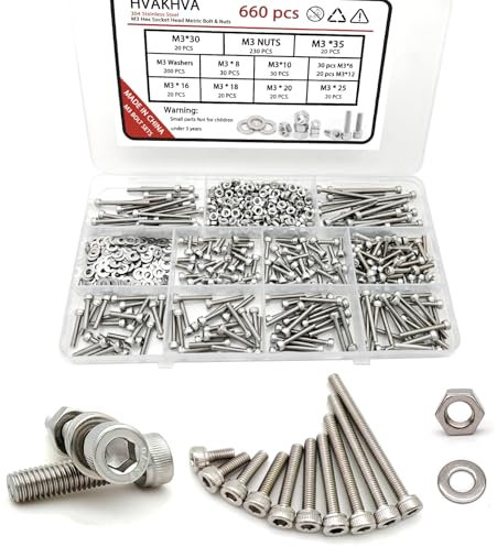 M3 Schraubensortiment Set mit Muttern und Unterlegscheiben -660 Stück 304 Edelstahl Innensechskantschrauben in M3*6/8/10/12/16/18/20/25/30/35 mm Metrisches Maschinenschrauben Set