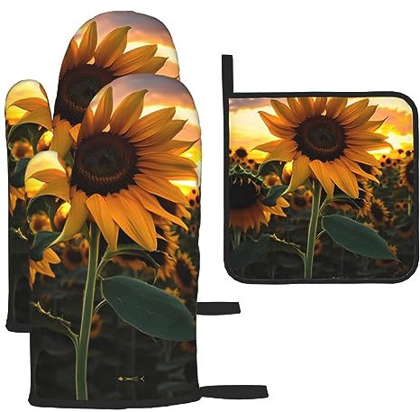 WZYWHJ Set di 3 presine da forno con motivo a girasole, in tessuto spesso, resistente e impermeabile per protezione dal calore