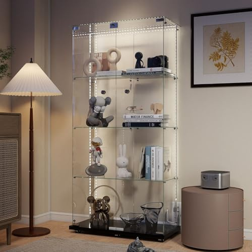 Aplancee Glasvitrine mit LED-Leiste, 4 Ebenen 2 Türen, 164x36x80cm, Schwarz