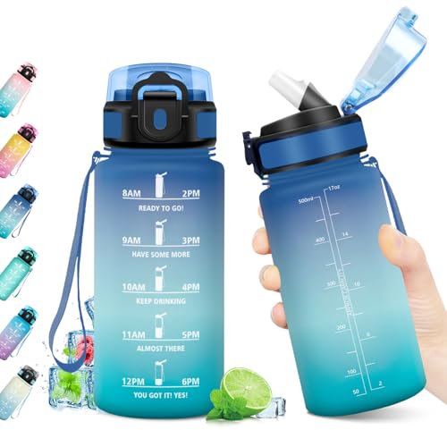 KollyKolla Borraccia 500ml, con Cannuccia, Bottiglia Acqua Riutilizzabile, Borraccia Palestra con Indicatore del Tempo, senza BPA, A Prova di Perdite, Bottiglia Sport per Bambini, Studenti, Ufficio