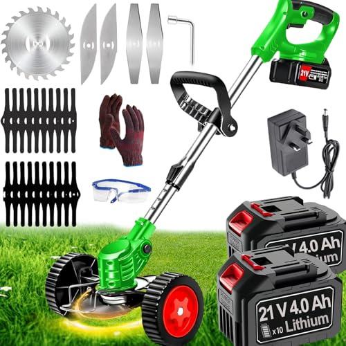 Decespugliatore senza fili, decespugliatore da giardino, con 2 batterie al litio da 21 V 4,0 Ah, lama in metallo con 3 tipi di lame, rotazione della testa di 90°, tagliabordi retrattile, adatto per