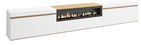 Skraut Home | TV-Schrank, Lowboard | für Wohnzimmer und Esszimmer | 288x45x35 cm | Für großformatiges TV | Elektrokamin. | Moderner Stil | Weiß und Eiche Soft