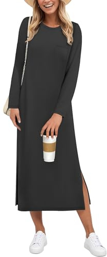 AUSELILY Long Sleeve Dress for Women UK Midi Split Loose Casual Ladies Dresses Autumn Winter Dress Black M