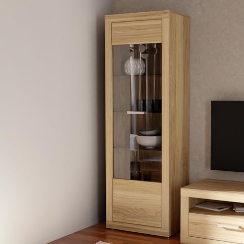 Forte BACCIO Vitrine 60 70, Moderne Wohnzimmervitrine, 1-türig, Glasfront, Holzwerkstoff, Mauvella Eiche Holzdekor, 63,4 cm breit x 190,7 cm hoch x 41 cm tief