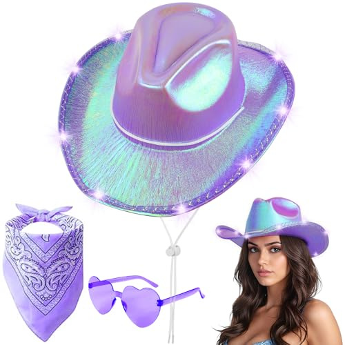 Aomig Chapeau de Cowboy Western Lumineux avec Bord LED Clignotant- Déguisement pour Adultes avec Lunettes de Soleil et Bandana - Accessoires de Costume pour Halloween et Carnaval(Violet)