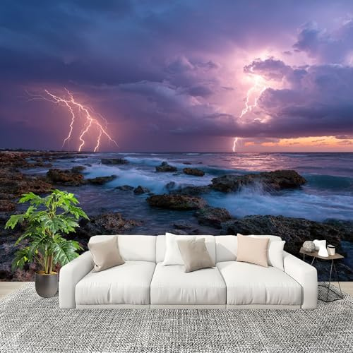 Papel Pintado Panorámico 200x147 cm ReláMpagos Y Nubes Oscuras Junto Al Mar Personalizable Fotomurales No Tejido Póster Pared Decoración PúRpura 3D Duradero y Resistente a las manchas Fotomurales