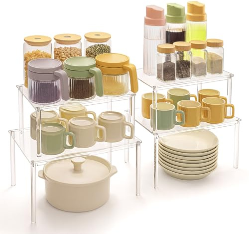 GSCRE 4 Stück Küchen Organizer, Gewürzregal Küchenregal Arbeitsplatte | Stapelbares Regalset als Schrankorganizer und Regaleinsatz für Arbeitsplatte, Transparente Aufbewahrung mit 5 kg Tragkraft