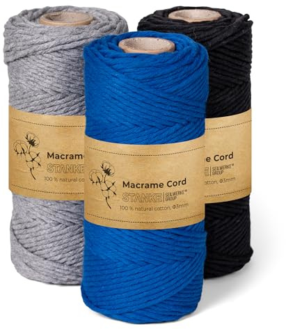 STANKE Set filo macrame 3mm 3x100m - colori: Nero, Blu, Grigio - filo cotone per boho fai da te, cestini, acchiappasogni - corda di cotone per sottobicchieri, borse - 100% cotone, ritorto, morbido