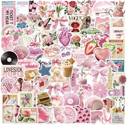 Coquette 100 Stücke Vintage Pink Ästhetik Wasserdichte PVC Aufkleber für Trinkflaschen, Laptop, Scrapbook, Handy, Gitarre - Keine Wiederholungen