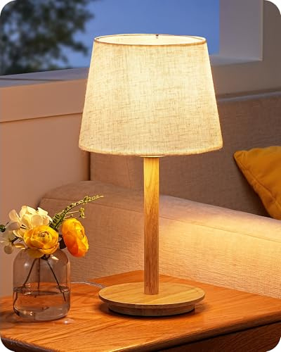 EDISHINE Nachttischlampe mit Massivholzsockel, inkl. 4W LED, Beige