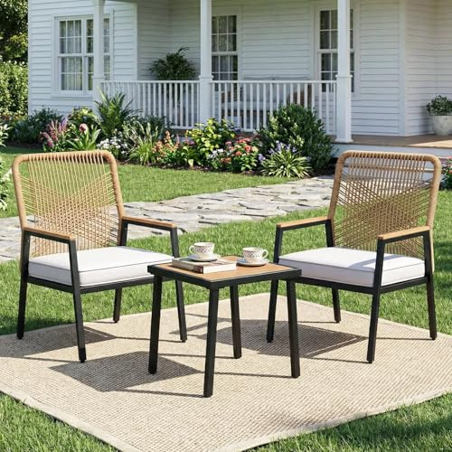 LIFERUN Gartenmöbel-Set, 3-teilig Gartenstuhl Rattan, für Terrasse, Garten | 2 Terrassenstühle mit Tisch, Bis 160 kg, witterungsbeständig, WPC Armrest, Outdoor Balkonmöbel Metall und Rattan, Beige