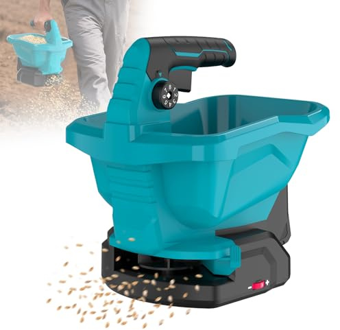 Vulaop Esparcidor de abono con batería Makita de 18 V, con depósito de 3,3 litros, 6 velocidades, 8 niveles de dispersión, ángulo de dispersión ajustable de 105-140°, ancho máximo de dispersión 5 m