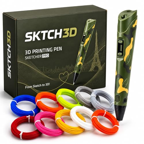 SKTCH3D® Bolígrafo 3D con filamento PLA de 50 m, juego de iniciación profesional con 10 colores, adaptador USB, libro de plantillas e instrucciones (idioma español no garantizado), lápiz de impresión