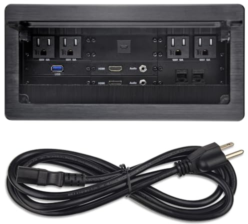 Multimedia-anslutningsbox för bordsskiva med 4 AC-ström+2 HDMI+2 RJ45+1 USB3.0-port +1 USB-C +2-ljud med 1,7 m strömsladd för konferensrum (svart)