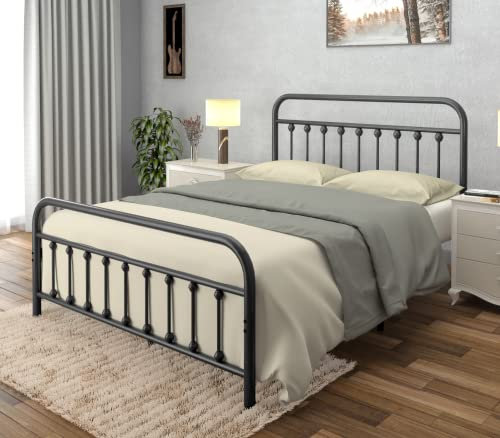 AMBEE21 CastleBeds Vintage Queen Metal Bed Frame with Headboard and Footboard Platform/Wrought Iron/Heavy Duty/Solid Metal Slat/Textured Black/No Box Spring Needed/Industrial & Farmhouse
