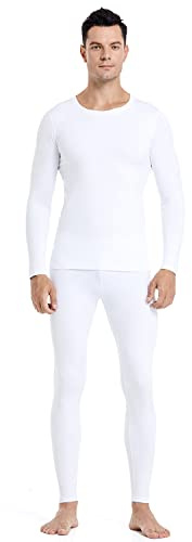 PISIQI Thermal Underwear Men Ultra-Soft Long Johns Set with Fleece Lined Base Layer Winter Skiing Warm Top & Bottom Black (White, XX-Large)