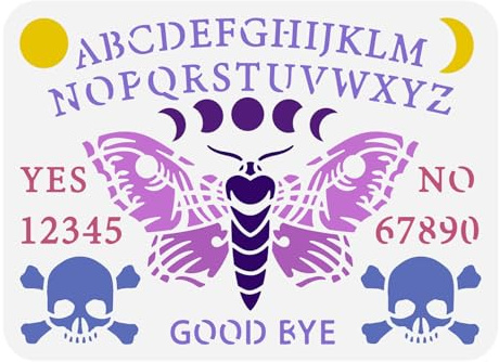 FINGERINSPIRE Brettschablone 21x29.7 cm Wiederverwendbar Antworten Brettspiel Zahl 0 9 Alphabet AZ Schablone Weissagung Mottenschablone Schädel Hexerei Schablone Zum Malen Auf Holz Wand Und Möbel