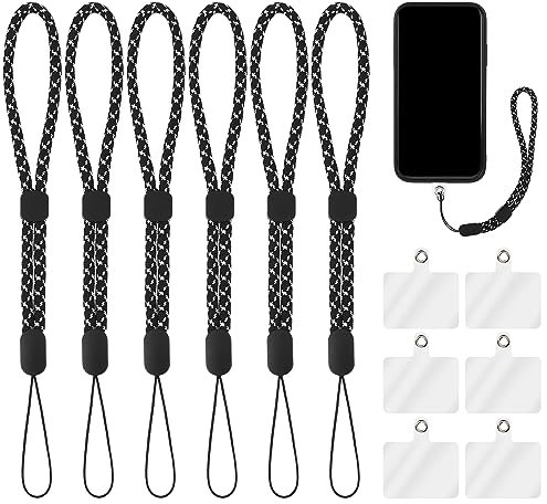 cobee Dragonne de poignet avec patch d'attache, 6 sangles de poignet réglables en nylon avec 6 coussinets transparents pour téléphone, noir/blanc