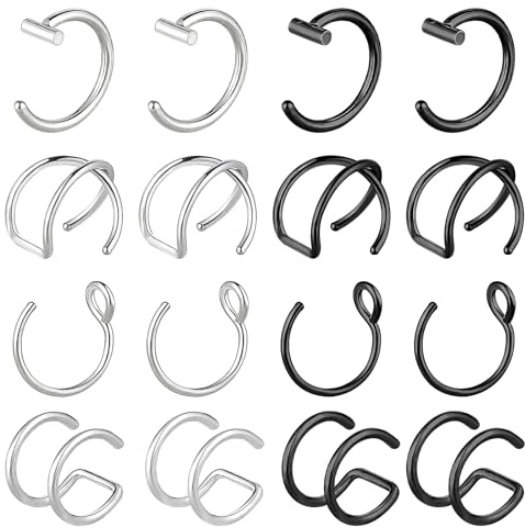 Telooco 16 st falska näsringar falsk näsa piercing gotisk septum näsring 20 g rostfritt stål faux läpp piercing ring för kvinnor män, Edelstahl