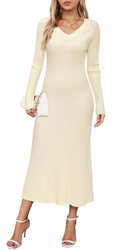 Arach & Cloz Abito Lavorato a Maglia da Donna con Scollo a V - Maglione Aderente a Maniche Lunghe per Autunno Inverno - Elegante