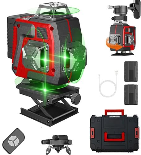 Kreuzlinienlaser Grün 16Linien, 4 x 360 °Laser Wasserwaage Selbstnivellierend, Akku*2, Linienlaser kreuzlaser Baulaser für Konstruktion und Ausrichtun, Magnetständer, Fernkontrolle (Ohne Stativ)