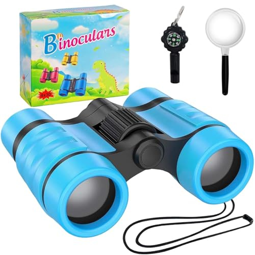 Binoculars Kids, Kids Binoculars for Boys with Magnifying Glass & Compass, Childrens Binoculars for 4-12 Years Boys and Girls, Perfect for Outdoor Observation (With Box)