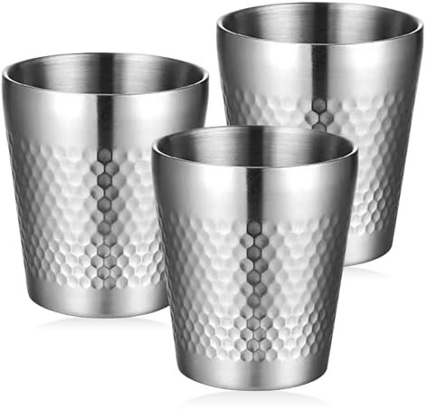 WANDGU 3 Stück 300ml Edelstahlbecher: Doppelwandig Isoliert Hammermuster Camping Tassen, Edelstahl Becher, Edelstahl Kaffeebecher, Stapelbar Metallbecher für Bier, Saft, Wasser (Silber)