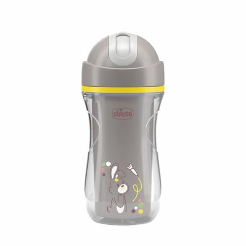 Chicco Sport Cup Bicchiere Antigoccia in Silicone per Bambini 14+ Mesi, 266 ml, Tazza Biberon Termica per Imparare a Bere, con Cannuccia Flessibile Resistente ai Morsi, Senza BPA, Grigio