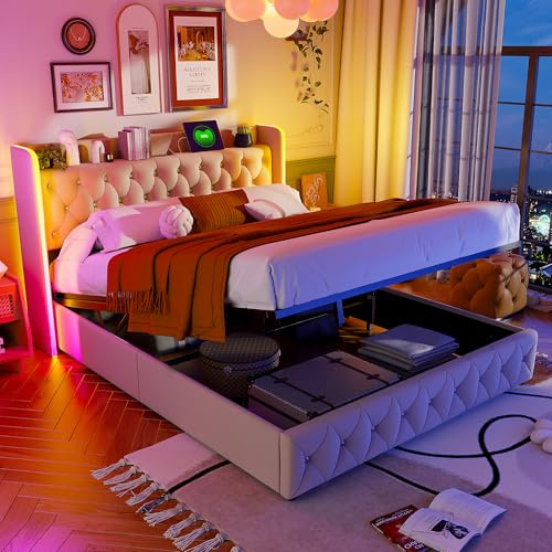 LONELYO Bett 160x200 Polsterbett mit Stauraum und LED-Lichtern - Beige Samt, mit RGB Farbwechsel, USB-Ladeanschluss, Bett mit Fußteil, Gasdruckfeder für einfachen Zugang, Boxspringbett mit Stauraum
