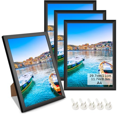 MLACXLT Lot de 4 Cadres Photo A4 21x30 Noir avec Plexiglas – Cadres Photo Muraux en Plastique, Cadre Photo A4 pour Affiches, Photos, Diplômes et Décoration Murale
