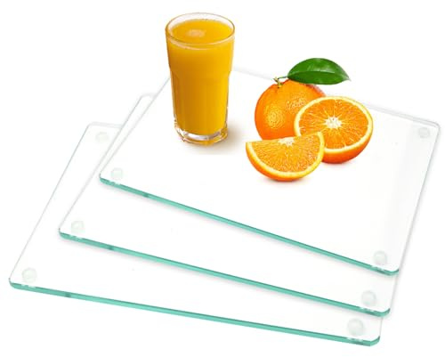 3pcs Tabla de Cortar de vidrio templad,Tabla de Cortar de Vidrio con borde de encimera, Tabla de cortar de acrílico sin BPA, con Patas de Silicona Antideslizantes,Resistente al Calor y a los Arañazos