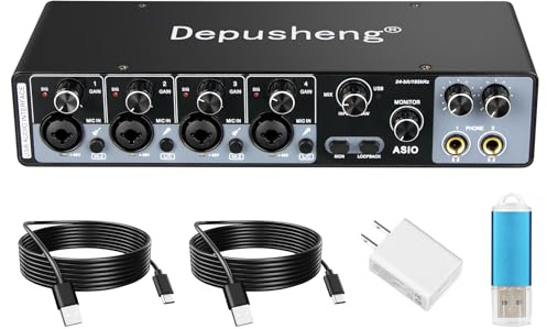 Depusheng USB Audio Interface with ASIO Drivers, 24Bit 192Khz, Phantom Power +48v, Low Latency for Home Studio Recording, PC/MAC Compatible (4 CHANNEL)