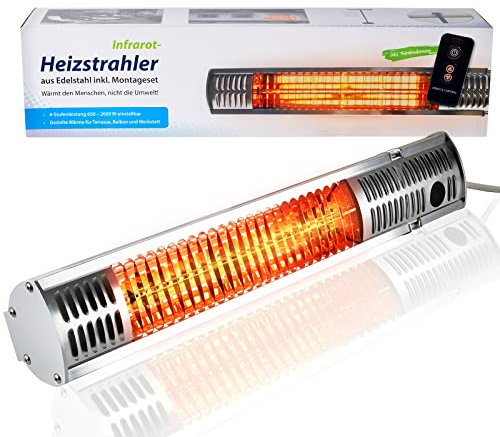 ASIGO® Chauffage Infrarouge pour l'Extérieur | 4 Niveaux de Chauffage | 650W - 2000W | Radiateur Infrarouge avec Télécommande | Support Mural | En acier Inoxydable avec Plaque en Aluminium.