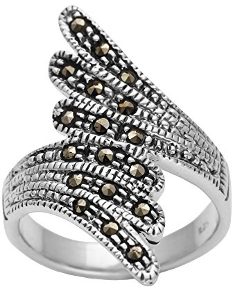 Silverly Anillo Ancho Plumas Marcasita Plata 925, Estilo Vintage Años 20 | Anillo Alas Pájaro Plata de Ley Mujer | Joyería Art Nouveau Inspirada Naturaleza | Anillos Llamativos Estilo Gótico Art Déco