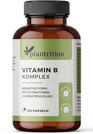 plantrition Vitamin B Komplex hochdosiert Vegan – alle acht B-Vitamine – mit Quatrefolic – B1, B2, B3, B5, B6, B12, D-Biotin & Folsäure 120 Kapseln – Verpackung kann variieren