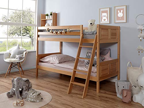 TiCAA Etagenbett, Kinderbett Stockbett für Kinder mit Treppe & Vorhangstoff Zwei Liegeflächen aus Buche Natur Massivholz Bettgestell 90 x 200