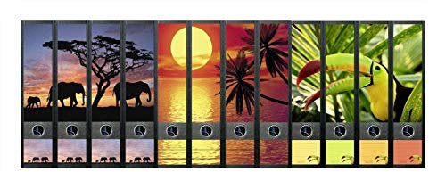 File Art 12er Set Urlaub Sonnenuntergang Beach Afrika Elefant Tukan Ordnerrücken für breite Ordner Ordner Aufkleber Etiketten Deko 418 425 433