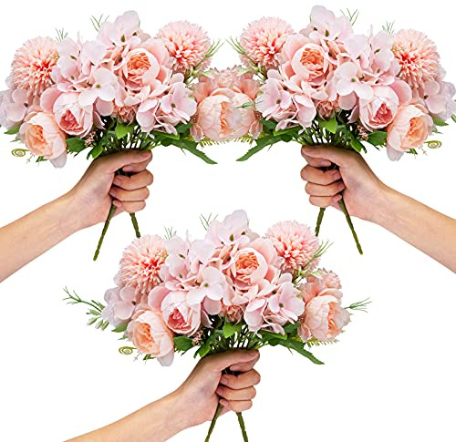 LAWOHO Artificial Flowers, 6 Packs Fake Peony Silk Hydrangea Bouquet Decor Plastic Carnations Daisy Realistic Flower Home Office Party Decor Arrangements Wedding Decoration Table Centerpieces Pink